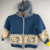 Size 18-24m: Hello Kitty Blue WOOL Zip Up Hooded Cardigan - Hand Made