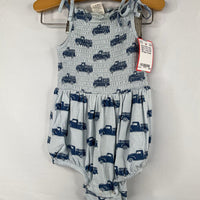 Size 6-12m: Kate Quinn Two Tone Blue Truck Print Strappy Onesie
