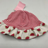 Size 6m: White/Red Stripes/Watermelons Baby Hat