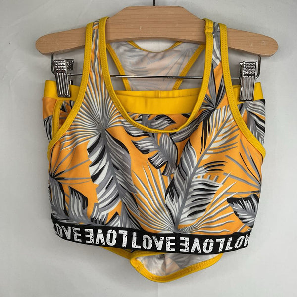 Size 7: 2PC Yellow/Grey Leaf Pattern Swim Suit
